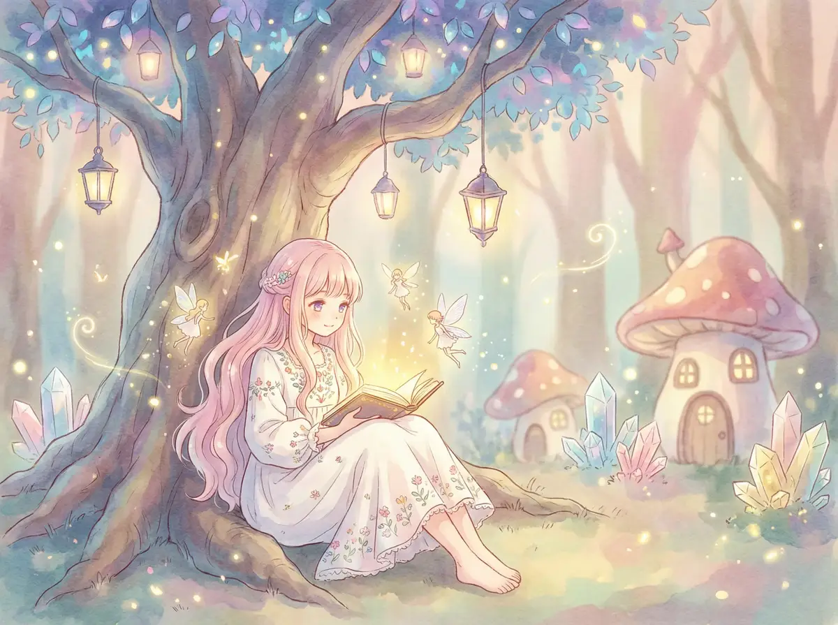 京香julia快播 - 魔法森林中阅读故事书的粉发少女与精灵
